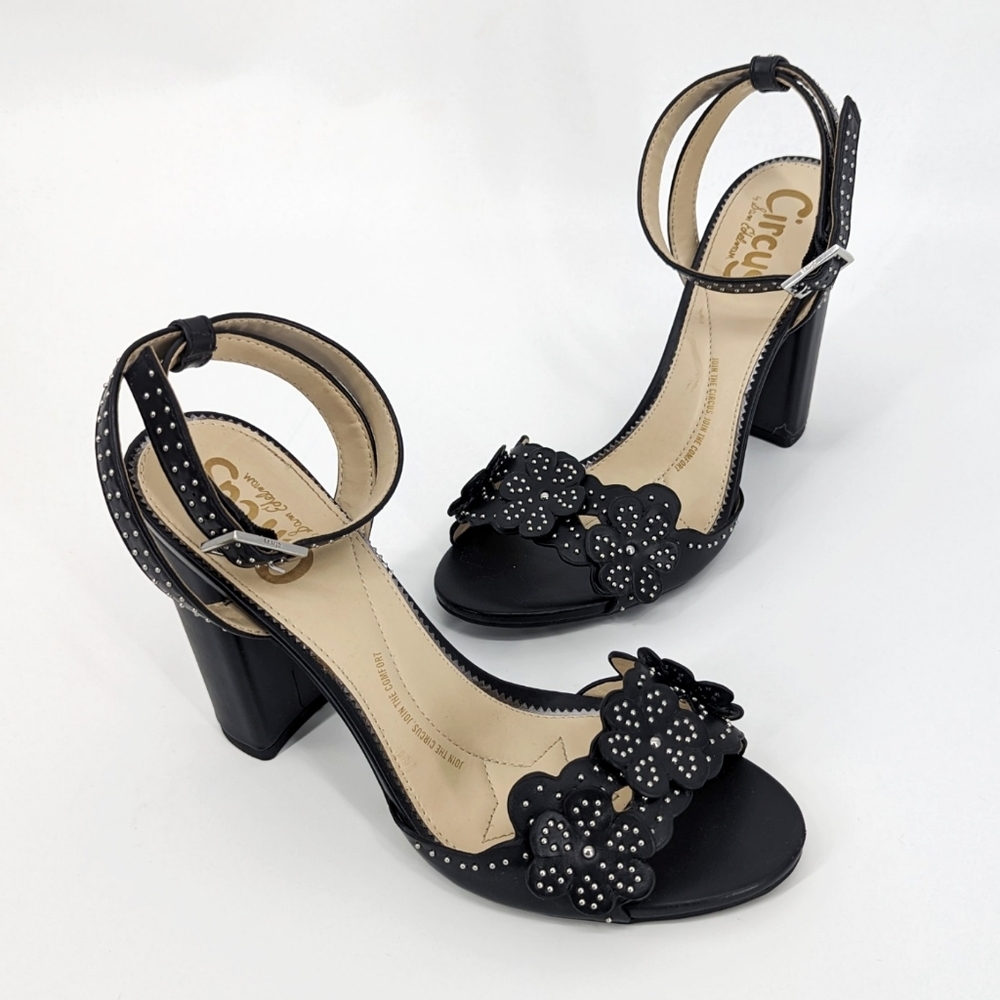 Circus by Sam Edelman Black Floral Strappy Studded Heeled Open Toe Sanda…